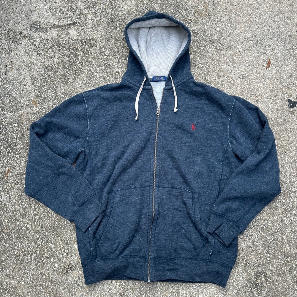 Polo Ralph Lauren Mens Full Zip Hoodie Navy Blue Heather Waffle Lined LT Tall